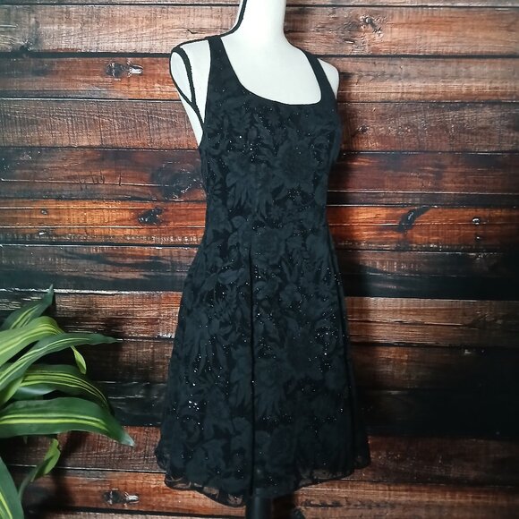 Vintage Nite Kraze Dress 9/10 Velvet Burnout Floral Glitter Cross Back LBD - Picture 6 of 10